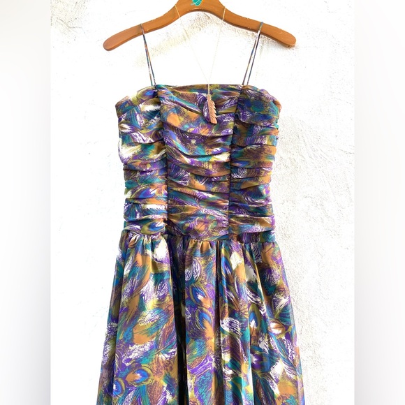 Vintage 80’s Peacock Feathers Party Dress 🦚/ 80’s Prom Dress/ Boho Party Dress - Picture 15 of 17